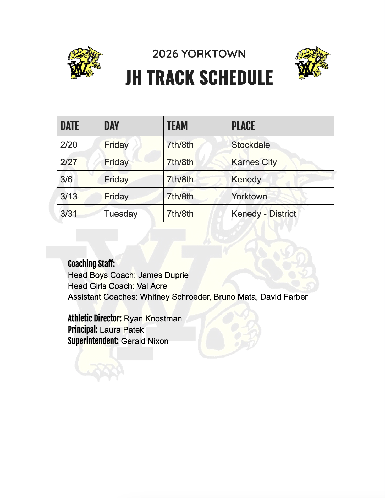 2026 JH Track Schedule